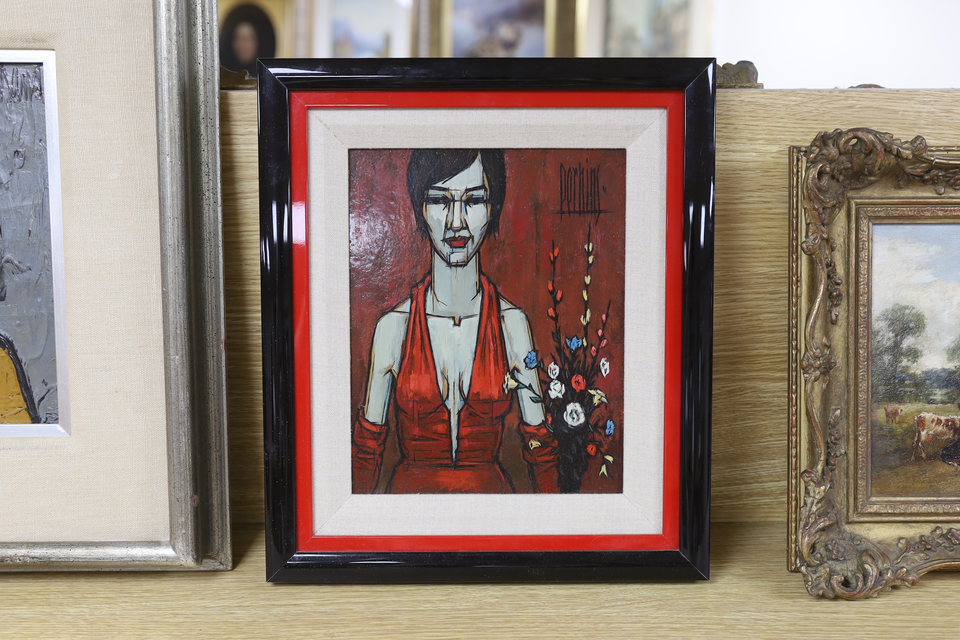 Philip R. Perkins (American, 1907-1990), oil on board, Woman in red, signed, 24 x 19cm